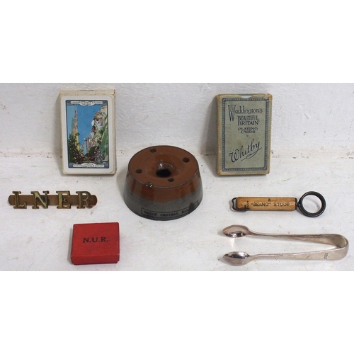 582 - LNER area small miscellaneous items - GCR ink well, LNER (GER SECTION) bottle opener, LNER plated su... 