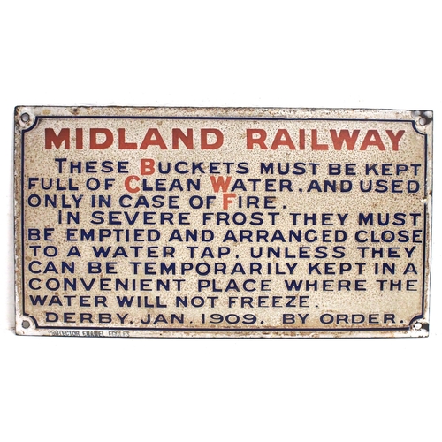 644 - Midland Railway enamel fire bucket notice dated 1909 by Protector Enamel Eccles, 11