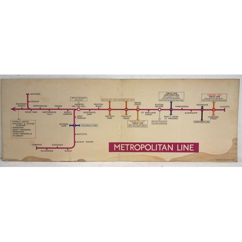 666 - METROPOLITAN LINE unframed Railway Carriage Panel  Line Diagram Map. October 1953.  Ref: 1053/2208M/... 