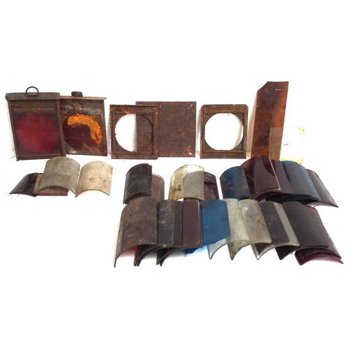 67 - Box of lamp spares including internal curved lenses, red slide in Loco/Brake van shutters, glass glo... 