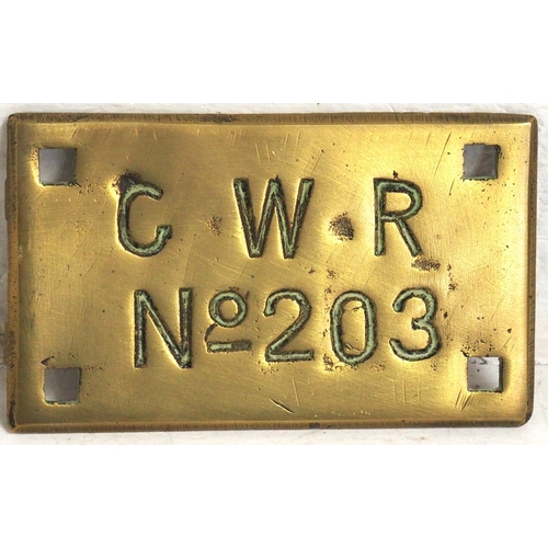 GWR brass hand cut travelling safe number plate No 203, 5"x 3". (D2) (Dispatch by Mailboxes/Collect from Banbury Depot)