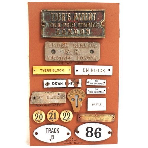 Signal box instrument plate collection including LSWR enamel "86" & "TRACK B" & "DOWN LINE", cast brass "TREADLE" escutcheon, Tyers Tablet Machine cast brass makers plate (nice original condition) etc & carriage seat numbers. (D2) (Dispatch by Mailboxes/Collect from Banbury Depot)