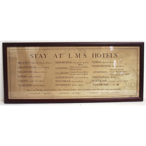 716 - LMS HOTELS carriage panel, framed & glazed, has pencil marks otherwise good. (Dispatch by Mailboxes/... 