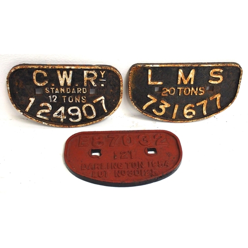 779 - Three C/I D wagonplates - GWR 12T 124907, LMS 20T 731677, E877032 12T DARLINGTON 1954 LOT 30125. (3)... 