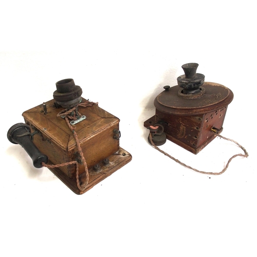 801 - Two wooden cased telephones, one being the early GWR sloping case pattern, larger with magneto handl... 