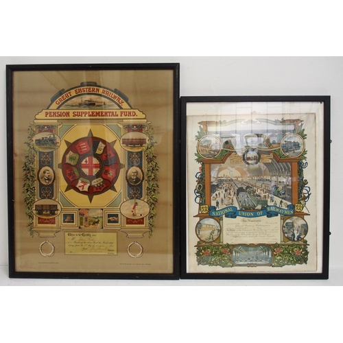 804 - Framed & glazed certificates - GER Pension Supplement Fund John Fish 1891, NUR Barry Branch 1918. (2... 