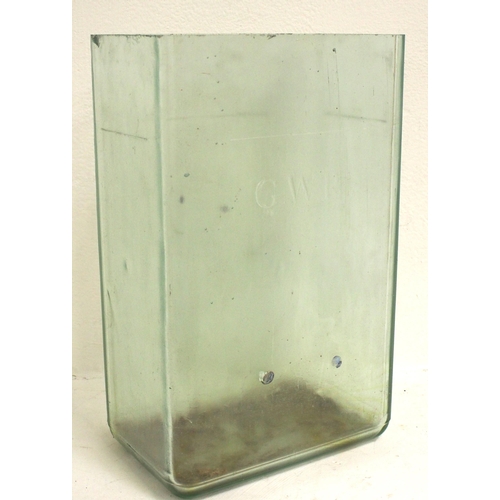 822 - GWR cast glass battery cell case, GWR cast into glass, stands 17