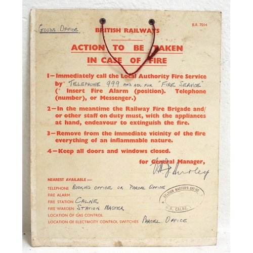 843 - BR(W) small card hanging notice referencing Action to be taken in case of fire from Calne Station (W... 