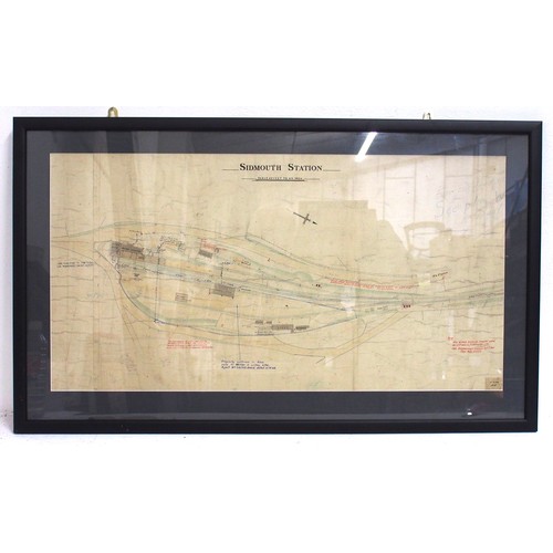 776 - Framed & glazed 40 ' to inch coloured plan of Sidmouth Station, 40