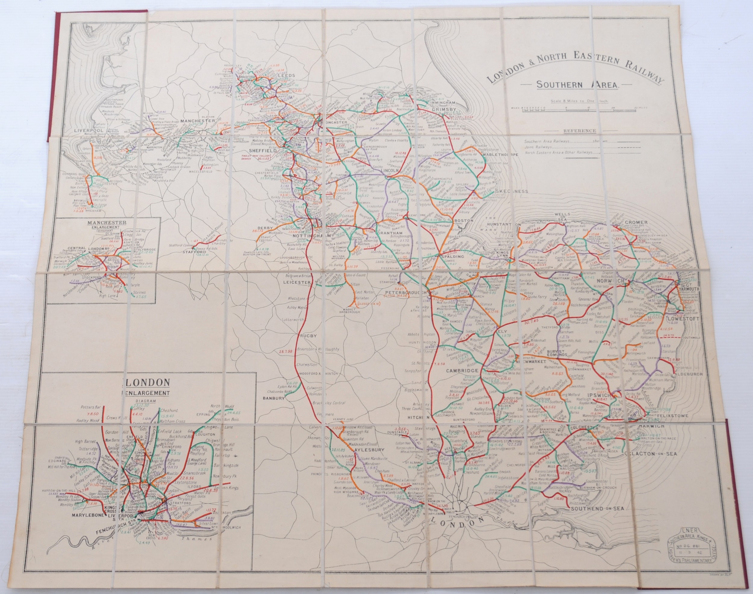 Map, LNER Southern Area, map showing dates of opening of lines, 1942, d ...