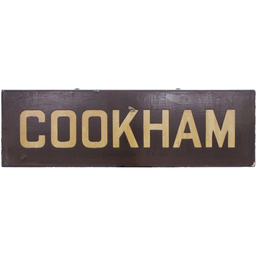 A BR(W) platform lamp tablet, COOKHAM, from the Maidenhead to Bourne End and Marlow branch. Enamel, with original bracket, 20"x6", varnished, a small hole at the top of the letter 'K'. (Dispatch by Mailboxes/Collect from Banbury Depot)