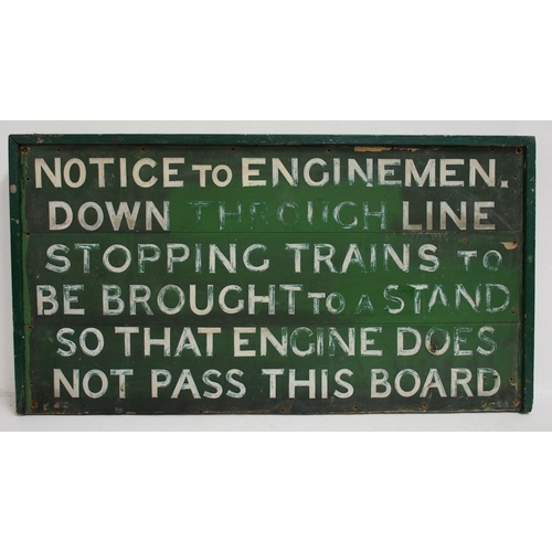 SR/BR(S) Wooden notice sign written regarding bringing trains to a halt, 37½"x 20", solid condition. (B) (Dispatch by P&P Agent/Collect from Banbury Depot)