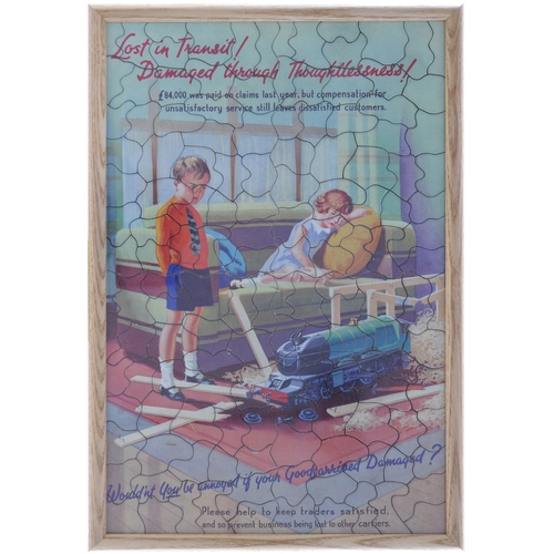 A Great Western Railway jigsaw puzzle, LOST IN TRANSIT, DAMAGED THROUGH THOUGHTLESSNESS, the famous staff issue puzzle for Christmas, dating from the 1930s. The puzzle is framed and complete with its original box. (Dispatch by P&P Agent/Collect from Banbury Depot)