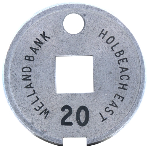 A Tyers No 6 single line tablet, WELLAND BANK-HOLBEACH EAST, (alloy), from the Sutton Bridge to Spalding section of the M&GN Joint Line. (Collect from Banbury Depot/Posted by Woodford Halse Office)