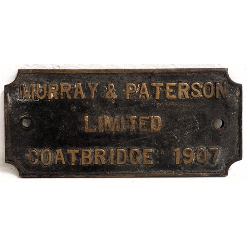 Cast brass makers plate "MURREY & PATTERSON LIMITED COATBRIDGE 1907" - Lanarkshire  Engineering business, 8"x 3¾", very original condition. (A2) (Dispatch by P&P Agent/Collect from Banbury Depot)