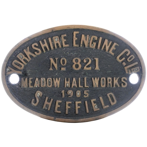 13 - A worksplate, YORKSHIRE ENGINE Co, 821 SHEFFIELD 1905, from a Great Central Railway Class 9J 0-6-0 N... 