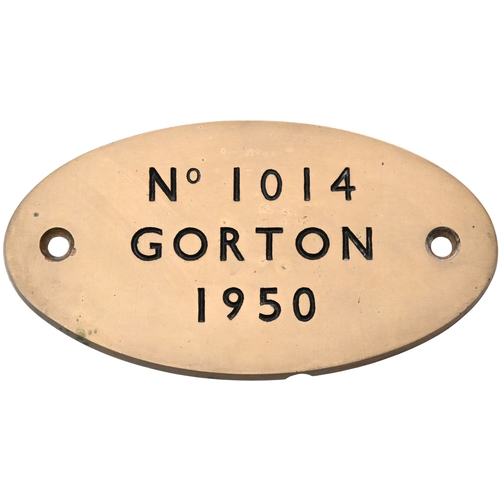 A worksplate No 1014, GORTON, 1950, from a Class EMI Bo-Bo electric locomotive numbered 26007, taken into stock in February 1951 for use on the Manchester-Sheffield/Wath electrified route. Later became class 76 and renumbered 76 007 in February 1974. Withdrawn in July 1981 and scrapped June 1983 at C.F. Booth, Rotherham. Engraved brass, 12"x6½", the front lightly polished. (Collect from Banbury Depot/Posted by Woodford Halse Office)