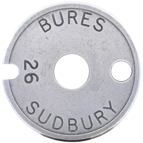 22 - A Tyers No 6 single line tablet, BURES-SUDBURY, (aluminium), a section on the route from Marks Tey t... 