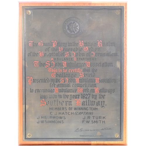 33 - A Southern Railway St John Ambulance presentation plaque stating that the annual challenge shield fo... 