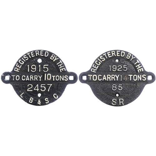 335 - A London, Brighton and South Coast Railway wagon registration plate, 2457, 1915, 10 TONS, the lugs r... 