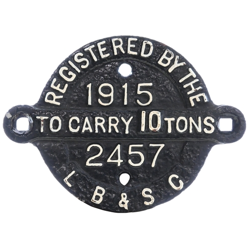 335 - A London, Brighton and South Coast Railway wagon registration plate, 2457, 1915, 10 TONS, the lugs r... 