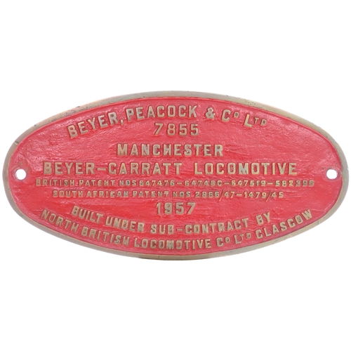 42 - A worksplate, BEYER PEACOCK, 7855, 1957, MANCHESTER, BUILT UNDER SUB-CONTRACT BY NORTH BRITISH LOCO ... 