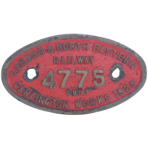 46 - A worksplate LONDON & NORTH EASTERN RAILWAY, 4775 DARLINGTON 1929, from a J39 Class 0-6-0 numbered 2... 