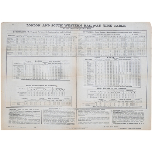 83 - An LSWR timetable poster, 1st September 1846, includes main line ...