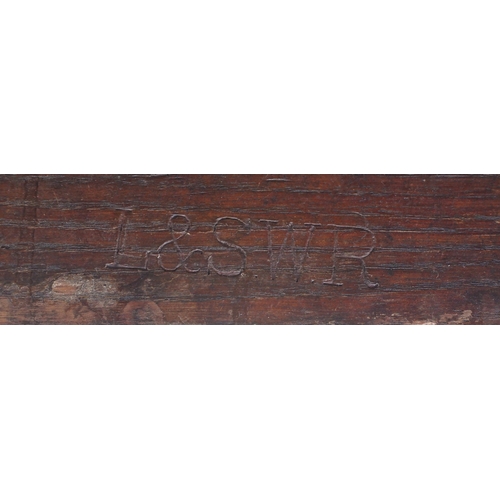 1422 - LSWR Station waiting room bench, stamped LSWR on underside ...