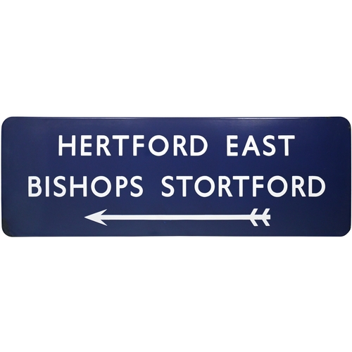 10 - A BR(E) station sign, HERTFORD EAST, BISHOPS STORTFORD, (arrow), (f/f), enamel, excellent colour and... 