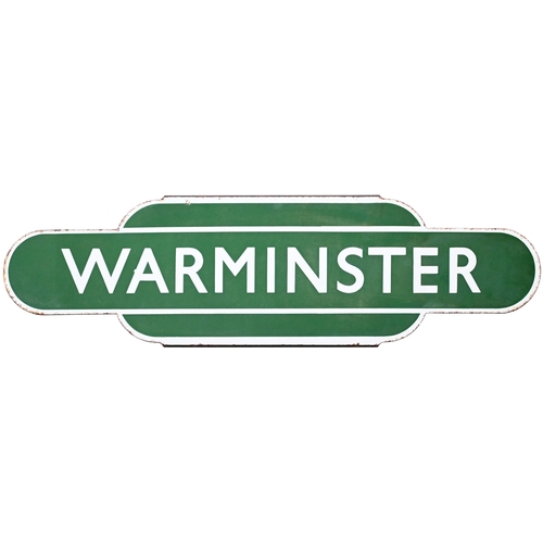 12 - A BR(S) totem sign, WARMINSTER, (h/f), from the Salisbury to Westbury route. Excellent colour and sh... 