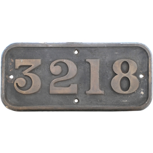 9 - A (GWR) cabside numberplate, 3218, from a Collett 2251 Class 0-6-0, built at Swindon in 1948. New to... 
