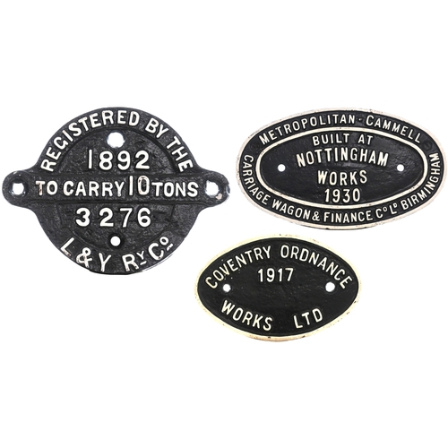 1018 - Three C/I Wagonplates - COVENTRY ORDNANCE WORKS LTD 1917, MET CAMM 1930, registration plate L&Y 3276... 