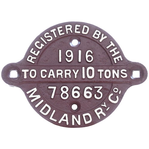 1047 - Four wagonplates - Reg Midland Rly 1916 10T 78663, Lancs & Rork Heywood, Midland 1927 & brass Met Ca... 