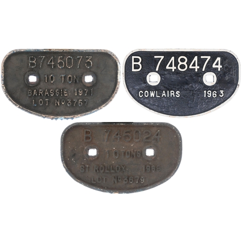 Three C/I D Wagonplates - B748474 COWLAIRS 1963, B745073 10T BARASSIE 1971 L 3757, B745024 10T ST ROLLOX 1968 L 3679. (3) (C3) (Dispatch by P&P Agent/Collect from Banbury Depot)