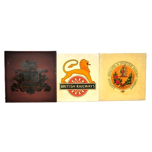 542 - Three mounted Coat of Arms - LMS, early British Railways, unknown, all ex George Dow collection. (3)... 