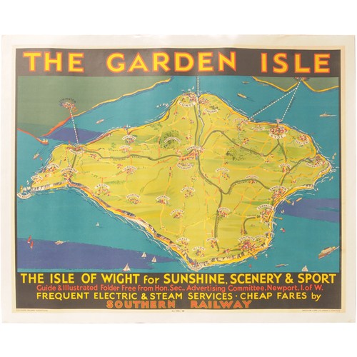 38 - An SR quad royal poster, THE GARDEN ISLE, featuring a pictorial map of the Isle of Wight, 1930s. The... 