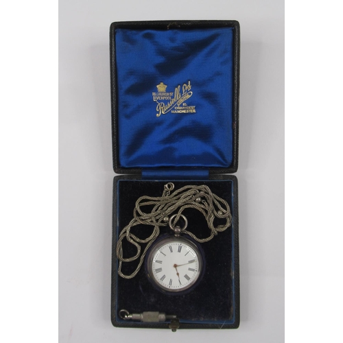 46 - A Swiss .935 Silver Cased Fobwatch with Sterling .925 Silver Chain. Working order and with key. Case... 