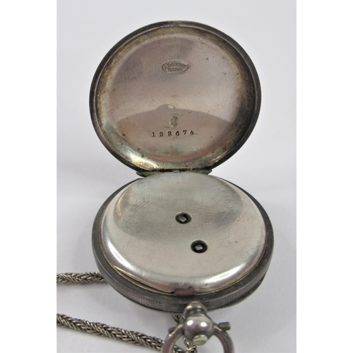 46 - A Swiss .935 Silver Cased Fobwatch with Sterling .925 Silver Chain. Working order and with key. Case... 
