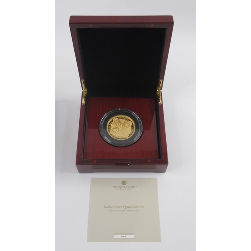 96 - 2021 Royal Mint 'Gothic Crown Quartered Arms' 5oz 24ct Gold Proof Coin