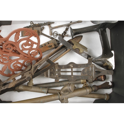 158 - Three brass pump sprays, a pair of ice skates etc G
