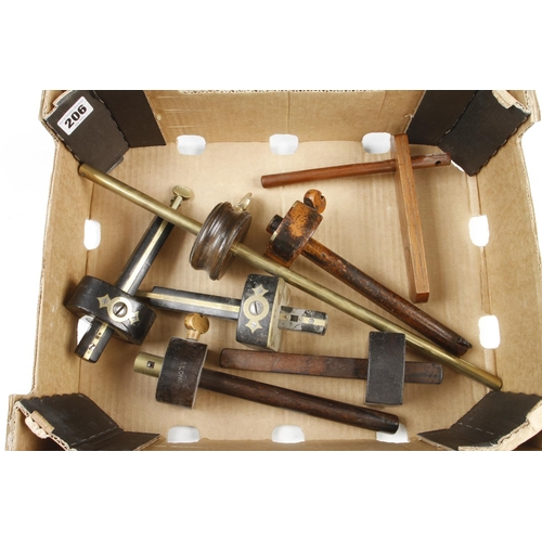 206 - A mahogany square and eight mortice and marking gauges G
