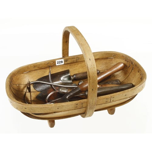 229 - A garden trug with 7 vintage hand tools G