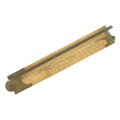 838 - A 2' three fold boxwood and brass Coggeshall carpenter's slide rule by F.B.COX Maker with timber tab... 