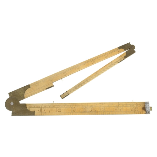 838 - A 2' three fold boxwood and brass Coggeshall carpenter's slide rule by F.B.COX Maker with timber tab... 