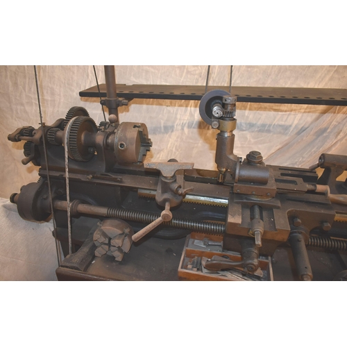 325 - A rare vintage Britannia lathe c/w overhead gear, milling spindle, change gear with cutters and acce... 