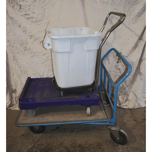 53 - A 4 wheel trolley and a plastic bin on wheels                 

Subject to VAT