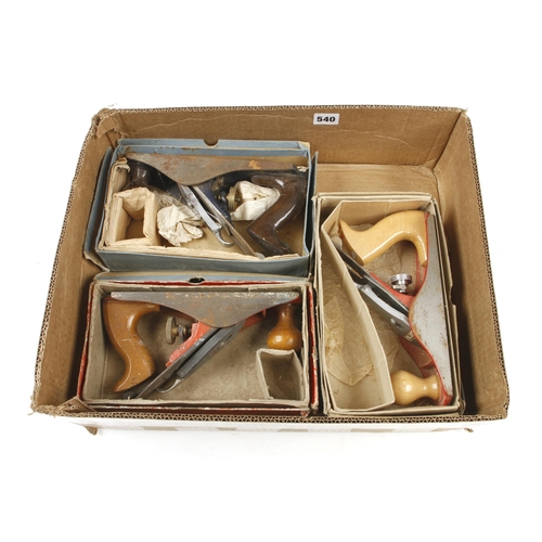 540 - Three No 4 smoothers by RECORD, ACORN and RAPIER in orig tatty boxes (some light rust) G-