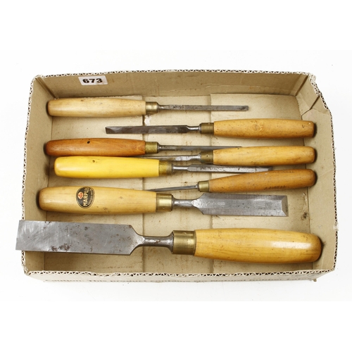 673 - Seven boxwood handled chisels by MARPLES G