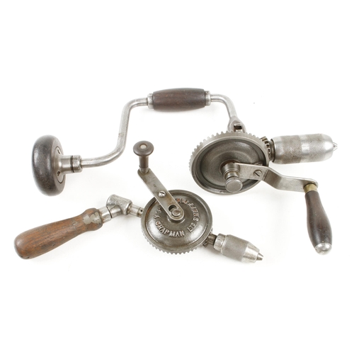 818 - A corner hand drill by CHAPMAN and an unusual ratchet brace with hand drill attachment G+